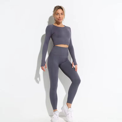 2Pcs Seamless Hyperflex Workout Sport Outfits for Women Sportswear Athletic Clothes Gym Long Sleeve Crop Top High Waist Leggings